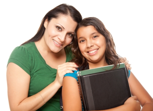 Hispanic Mother and Daughter Ready for School Isolated on a White Background.